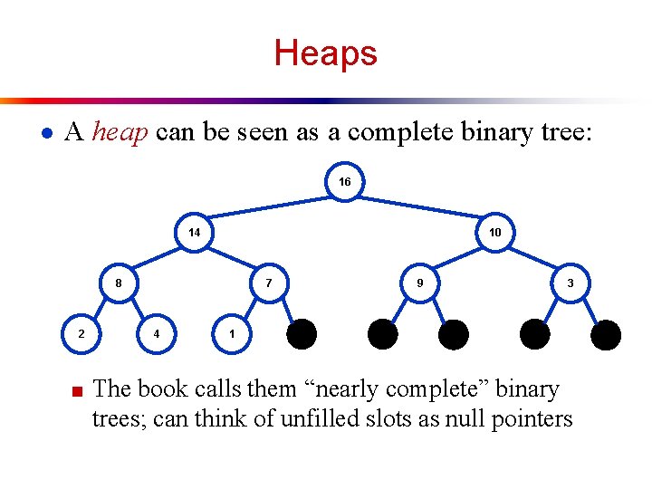 Heaps ● A heap can be seen as a complete binary tree: 16 14