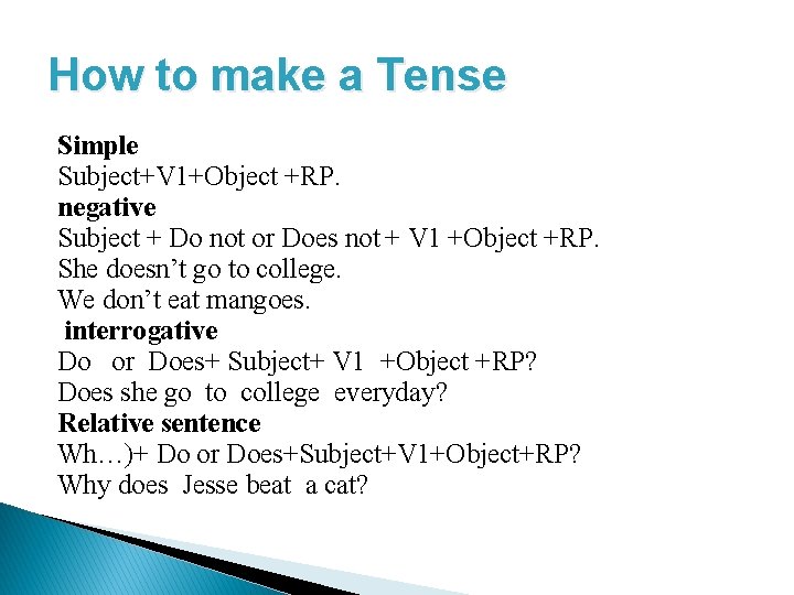 How to make a Tense Simple Subject+V 1+Object +RP. negative Subject + Do not