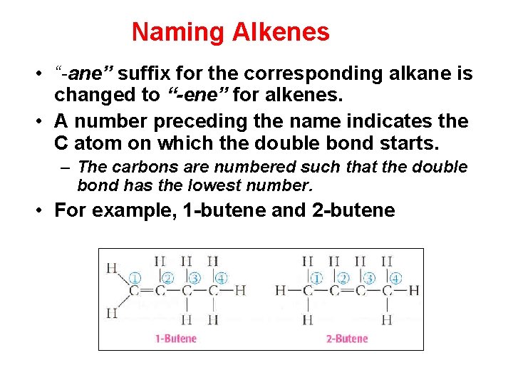 Naming Alkenes • “-ane” suffix for the corresponding alkane is changed to “-ene” for