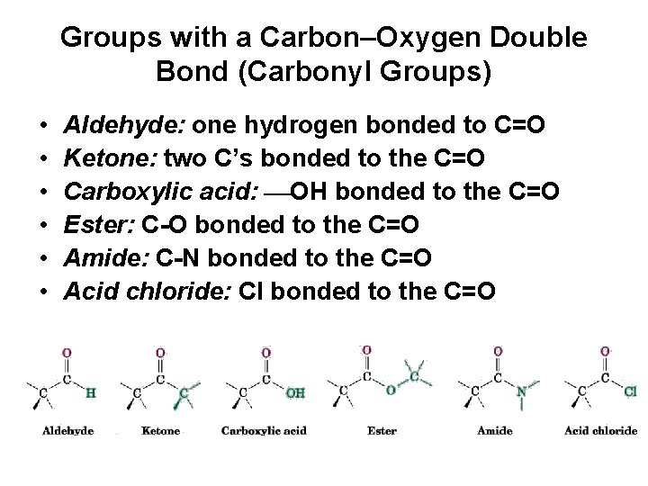 Groups with a Carbon–Oxygen Double Bond (Carbonyl Groups) • • • Aldehyde: one hydrogen