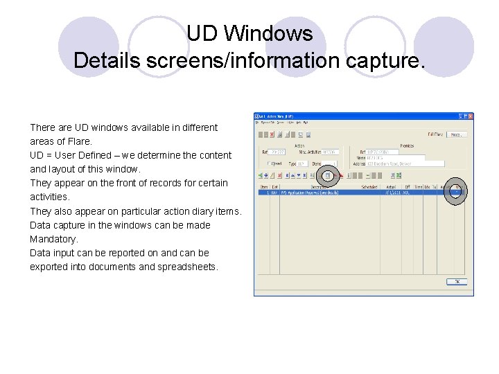 UD Windows Details screens/information capture. There are UD windows available in different areas of