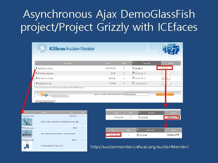 Asynchronous Ajax Demo. Glass. Fish project/Project Grizzly with ICEfaces http: //auctionmonitor. icefaces. org/auction. Monitor/