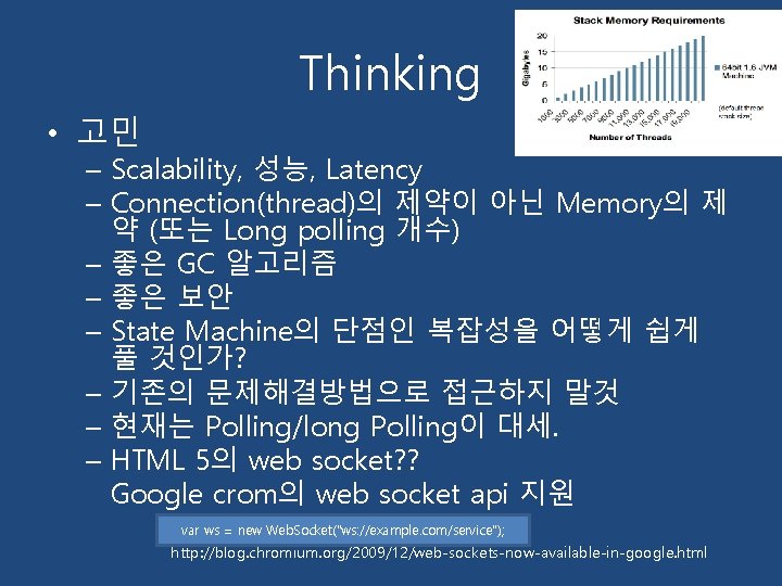 Thinking • 고민 – Scalability, 성능, Latency – Connection(thread)의 제약이 아닌 Memory의 제 약