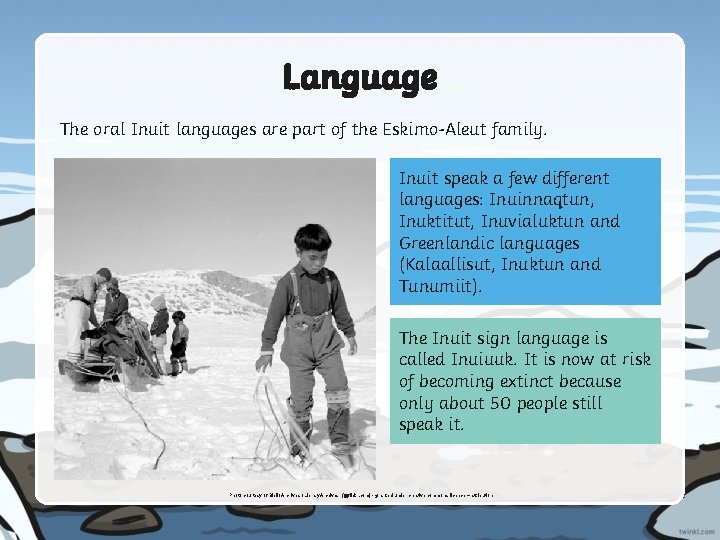 Language The oral Inuit languages are part of the Eskimo-Aleut family. Inuit speak a