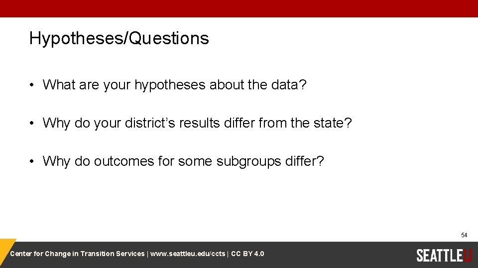 Hypotheses/Questions • What are your hypotheses about the data? • Why do your district’s