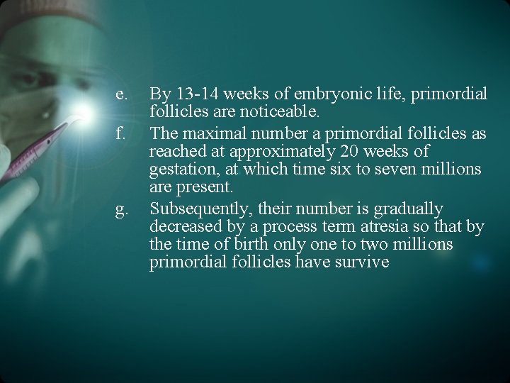 e. f. g. By 13 -14 weeks of embryonic life, primordial follicles are noticeable.