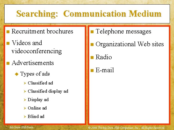 5 -21 Searching: Communication Medium n Recruitment brochures n Telephone messages n Videos and
