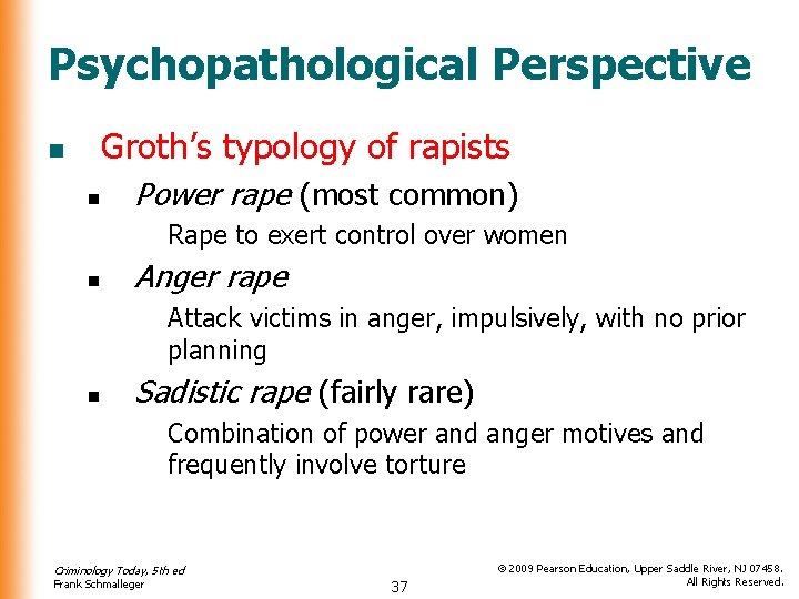 Psychopathological Perspective Groth’s typology of rapists n n Power rape (most common) Rape to