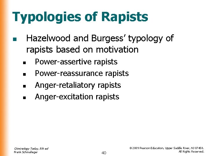 Typologies of Rapists Hazelwood and Burgess’ typology of rapists based on motivation n n