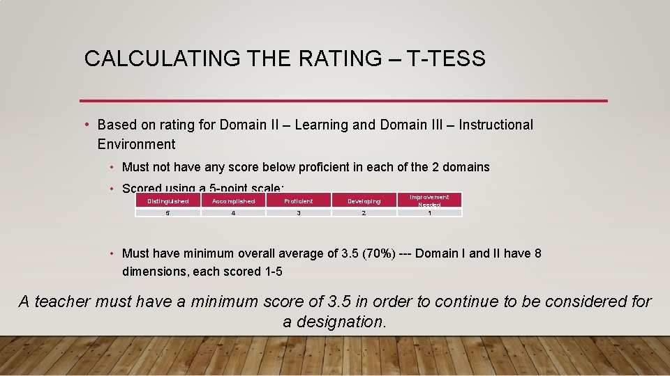 CALCULATING THE RATING – T-TESS • Based on rating for Domain II – Learning