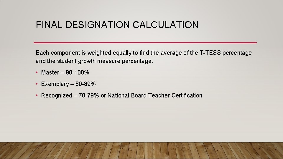 FINAL DESIGNATION CALCULATION Each component is weighted equally to find the average of the