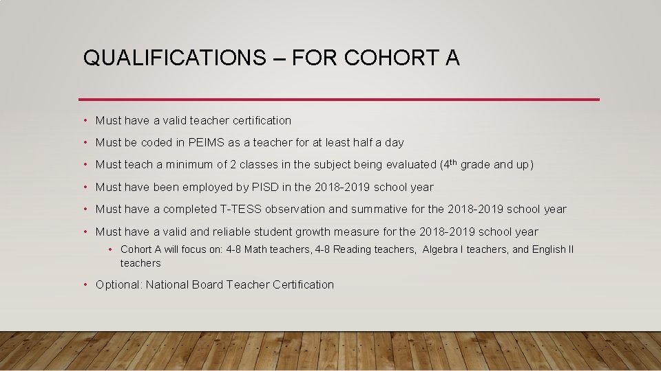 QUALIFICATIONS – FOR COHORT A • Must have a valid teacher certification • Must