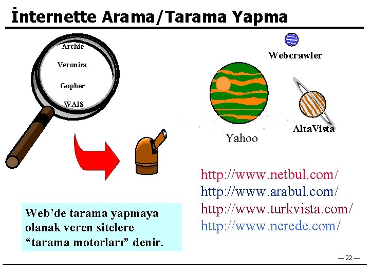 İnternette Arama/Tarama Yapma Archie Webcrawler Veronica Gopher WAIS Yahoo Web’de tarama yapmaya olanak veren