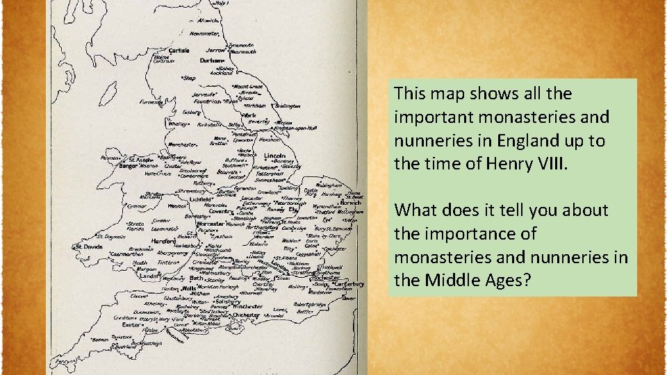 This map shows all the important monasteries and nunneries in England up to the