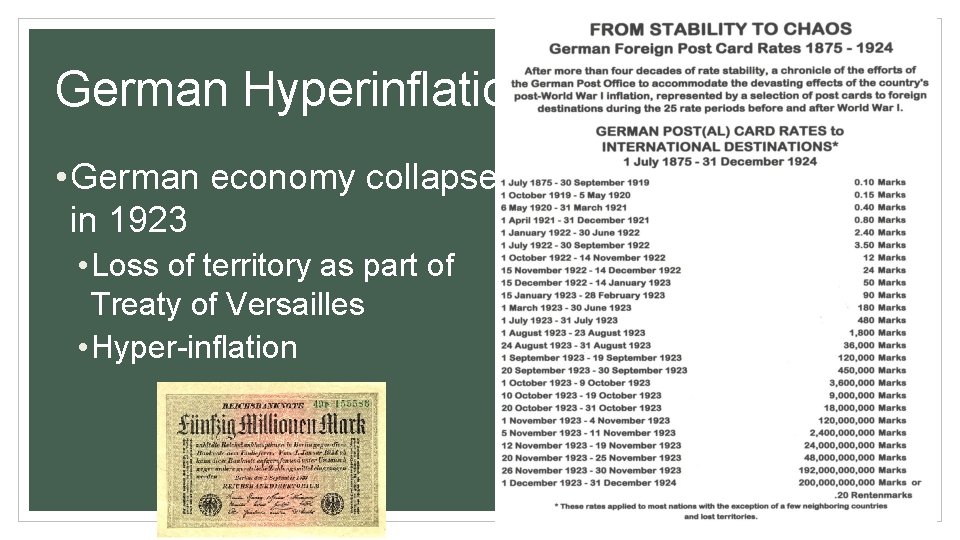 German Hyperinflation • German economy collapsed in 1923 • Loss of territory as part
