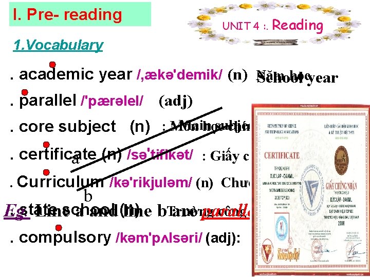 I. Pre- reading UNIT 4 : . Reading 1. Vocabulary . academic year /,