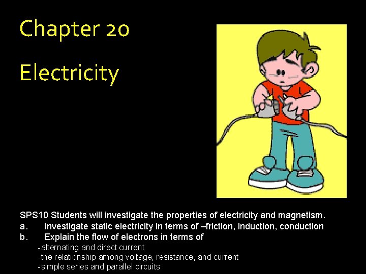 Chapter 20 Electricity SPS 10 Students will investigate the properties of electricity and magnetism.