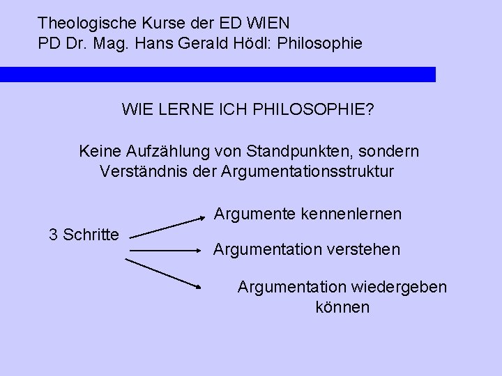 Theologische Kurse der ED WIEN PD Dr. Mag. Hans Gerald Hödl: Philosophie WIE LERNE