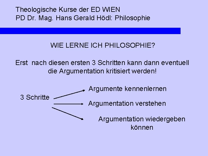 Theologische Kurse der ED WIEN PD Dr. Mag. Hans Gerald Hödl: Philosophie WIE LERNE