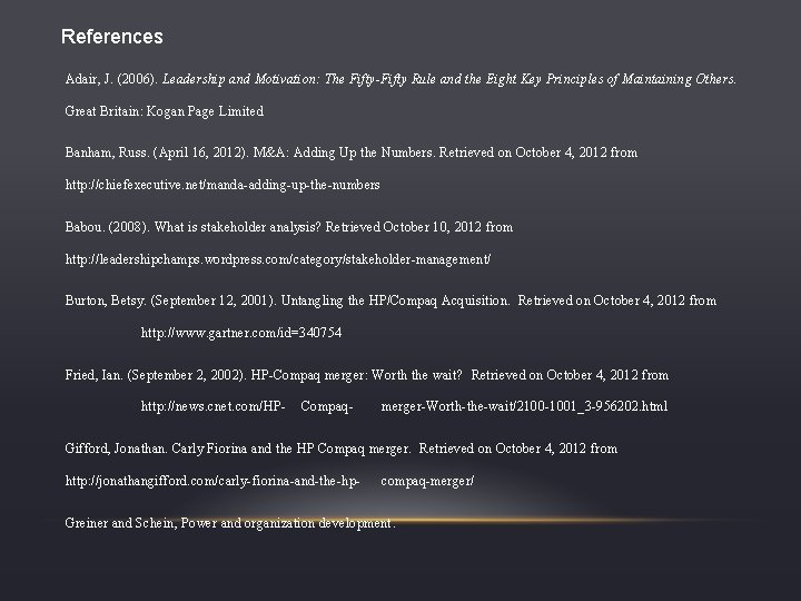 References Adair, J. (2006). Leadership and Motivation: The Fifty-Fifty Rule and the Eight Key