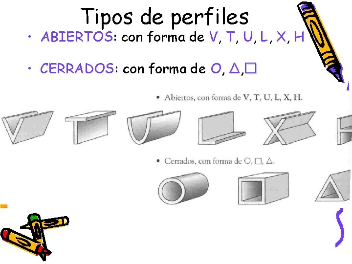 Tipos de perfiles • ABIERTOS: con forma de V, T, U, L, X, H Tipos de perfiles • ABIERTOS: con forma de V, T, U, L, X, H