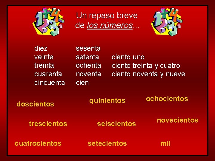 Un repaso breve de los números… diez veinte treinta cuarenta cincuenta doscientos trescientos cuatrocientos