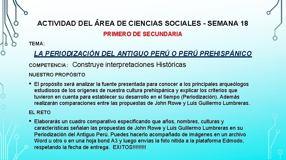 ACTIVIDAD DEL ÁREA DE CIENCIAS SOCIALES - SEMANA 18 PRIMERO DE SECUNDARIA TEMA: LA