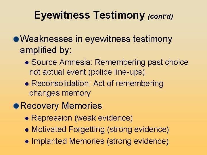 Eyewitness Testimony (cont’d) Weaknesses in eyewitness testimony amplified by: Source Amnesia: Remembering past choice Eyewitness Testimony (cont’d) Weaknesses in eyewitness testimony amplified by: Source Amnesia: Remembering past choice