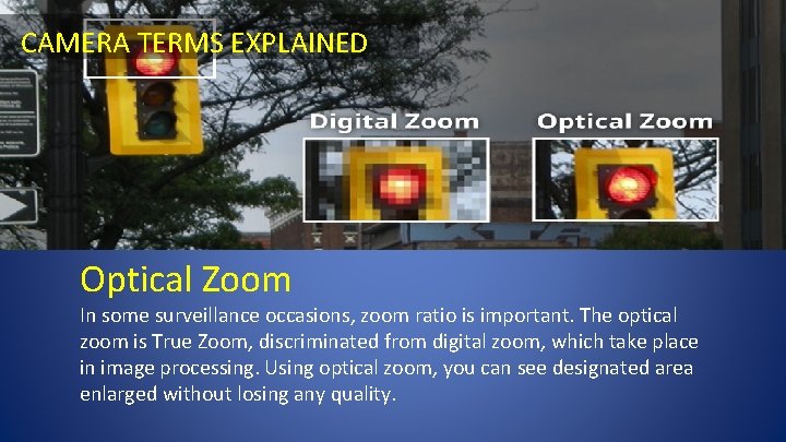 CAMERA TERMS EXPLAINED Optical Zoom In some surveillance occasions, zoom ratio is important. The