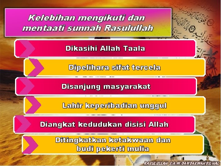 Kelebihan mengikuti dan mentaati sunnah Rasulullah Dikasihi Allah Taala Dipelihara sifat tercela Disanjung masyarakat