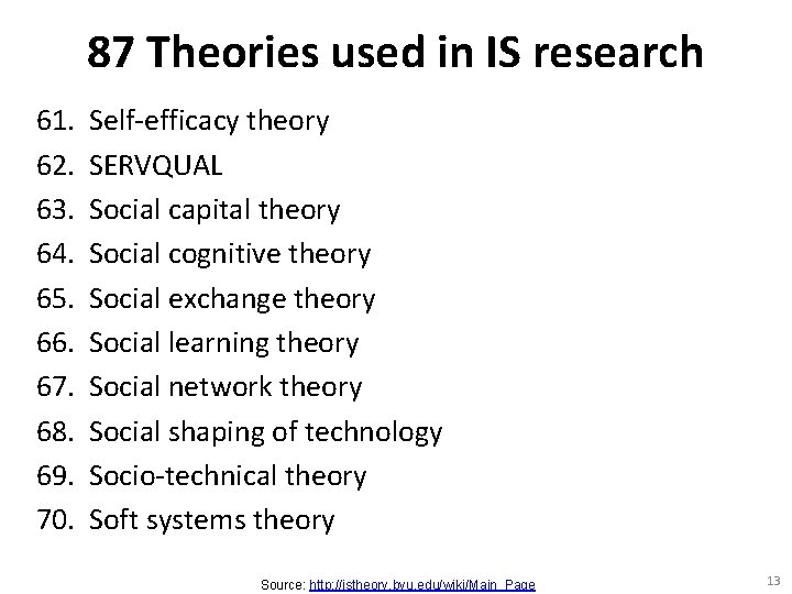 87 Theories used in IS research 61. 62. 63. 64. 65. 66. 67. 68.