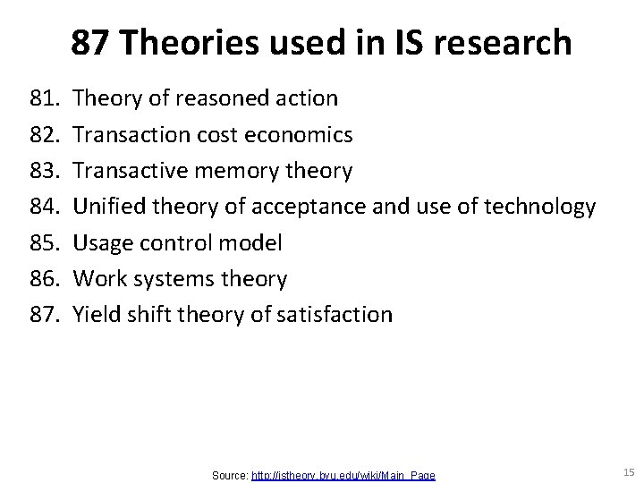 87 Theories used in IS research 81. 82. 83. 84. 85. 86. 87. Theory