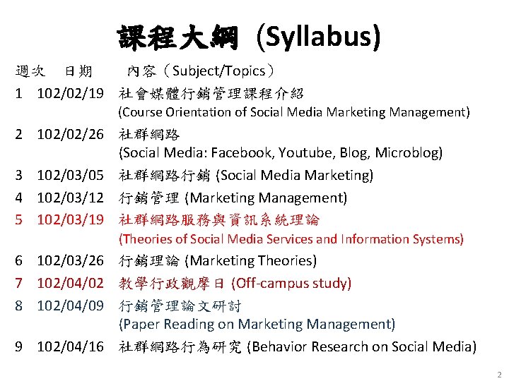 課程大綱 (Syllabus) 週次 日期 內容（Subject/Topics） 1 102/02/19 社會媒體行銷管理課程介紹 (Course Orientation of Social Media Marketing