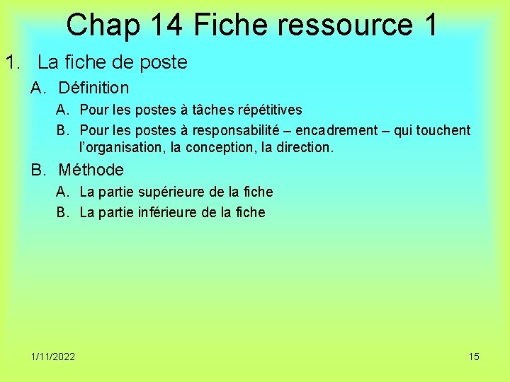 Chap 14 Fiche ressource 1 1. La fiche de poste A. Définition A. Pour