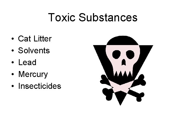Toxic Substances • • • Cat Litter Solvents Lead Mercury Insecticides 