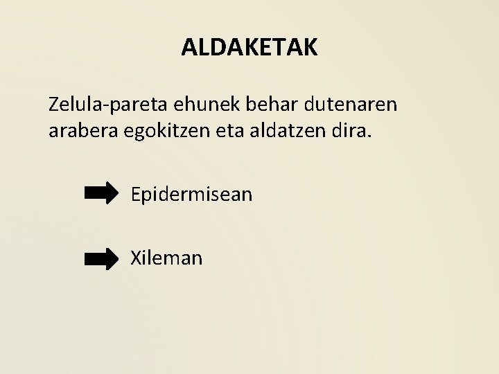 ALDAKETAK Zelula-pareta ehunek behar dutenaren arabera egokitzen eta aldatzen dira. Epidermisean Xileman 