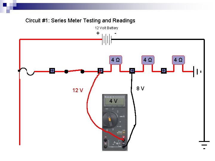 Circuit #1: Series Meter Testing and Readings 12 Volt Battery + - 4Ω +