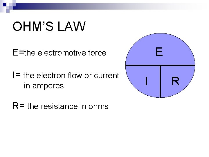 OHM’S LAW E E=the electromotive force I= the electron flow or current in amperes