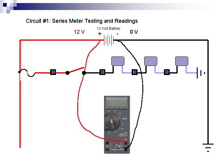 Circuit #1: Series Meter Testing and Readings 12 V + 12 Volt Battery +