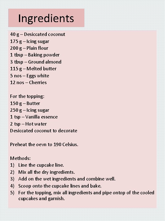 Ingredients 40 g – Desiccated coconut 175 g – Icing sugar 200 g –