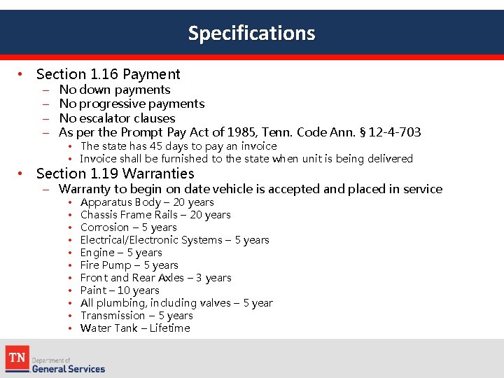 Specifications • Section 1. 16 Payment – – No down payments No progressive payments