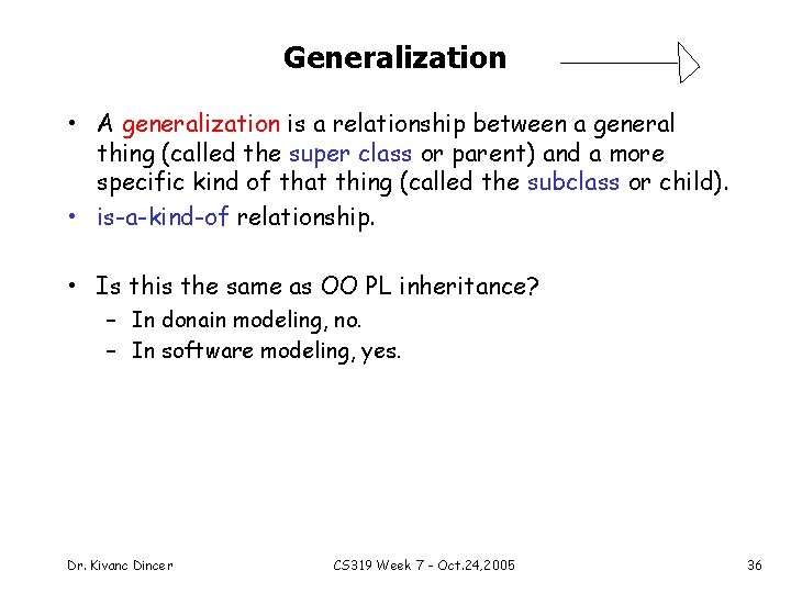 Generalization • A generalization is a relationship between a general thing (called the super