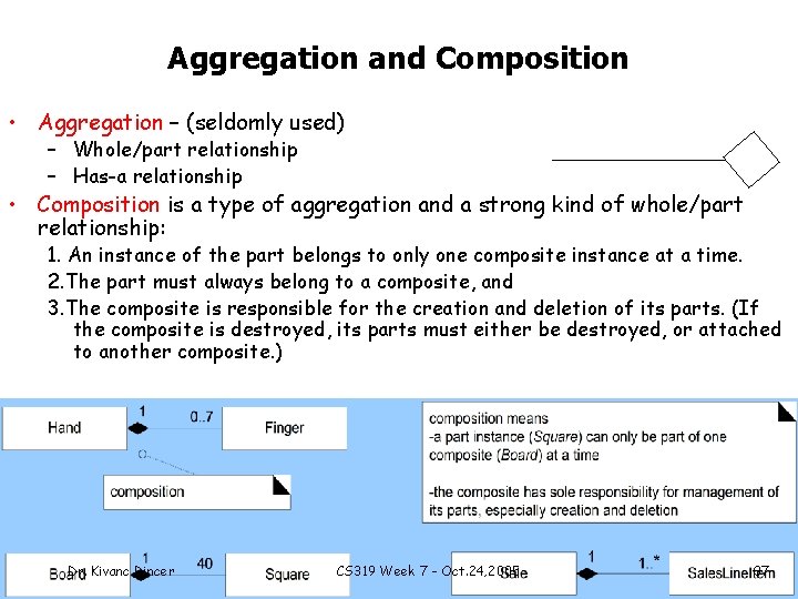 Aggregation and Composition • Aggregation – (seldomly used) – Whole/part relationship – Has-a relationship
