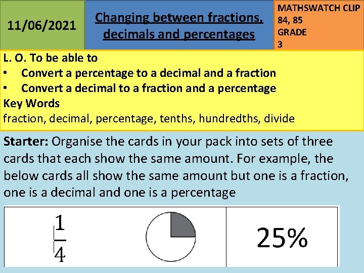 11/06/2021 Changing between fractions, decimals and percentages MATHSWATCH CLIP 84, 85 GRADE 3 L.