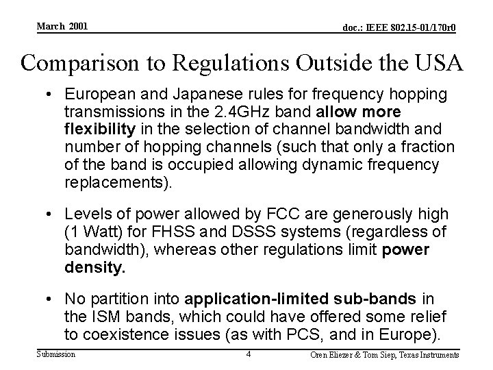 March 2001 doc. : IEEE 802. 15 -01/170 r 0 Comparison to Regulations Outside