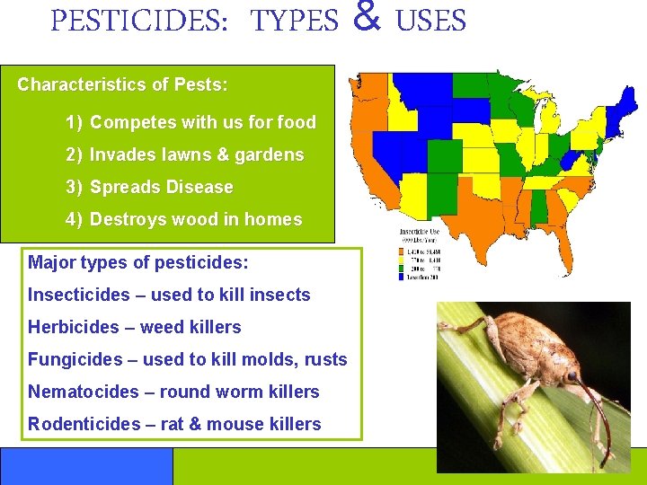 PESTICIDES: TYPES & USES Characteristics of Pests: 1) Competes with us for food 2)