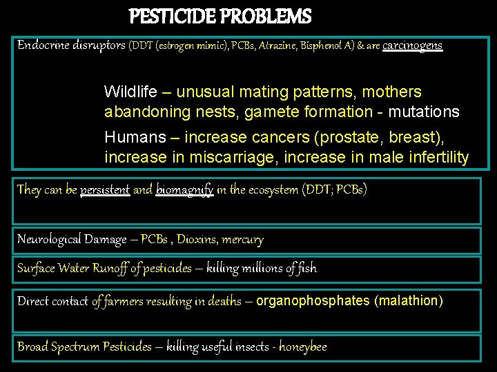 PESTICIDE PROBLEMS Endocrine disruptors (DDT (estrogen mimic), PCBs, Atrazine, Bisphenol A) & are carcinogens