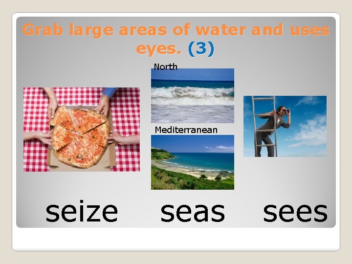 Grab large areas of water and uses eyes. (3) North Mediterranean seize seas sees