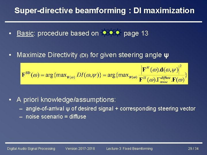 Super-directive beamforming : DI maximization • Basic: procedure based on page 13 • Maximize