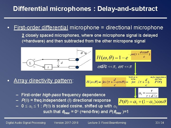 Differential microphones : Delay-and-subtract • First-order differential microphone = directional microphone 2 closely spaced